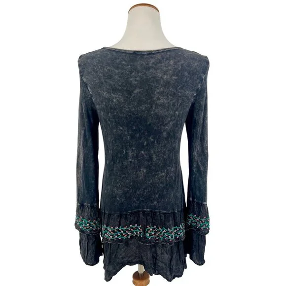 Black Acid Washed Embroidered Tiered Hem Tunic | Whimsigoth Boho Dark Academia M - Picture 8 of 11